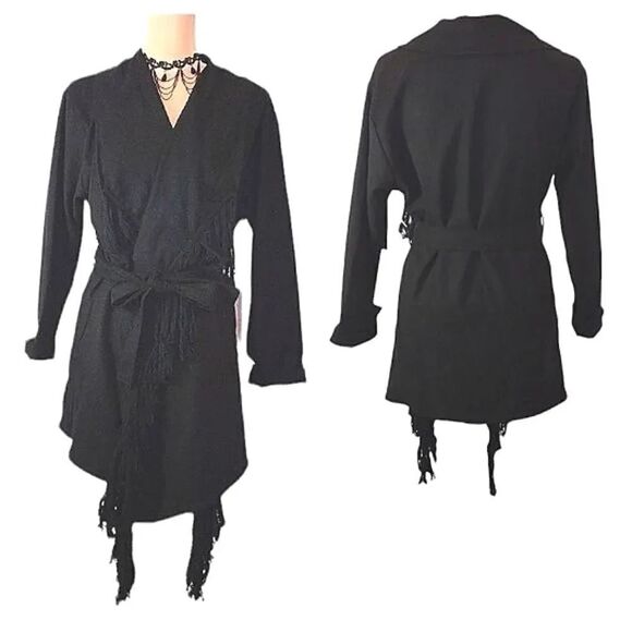 Y2K Black Fringed Waterfall  Belted Midi Whimsigoth Jacket Small NWT - Picture 1 of 17